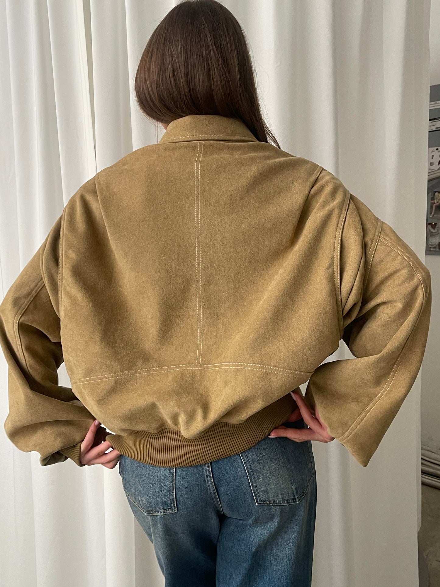 Oversized Contrast Stitch Jacket Suede Camel