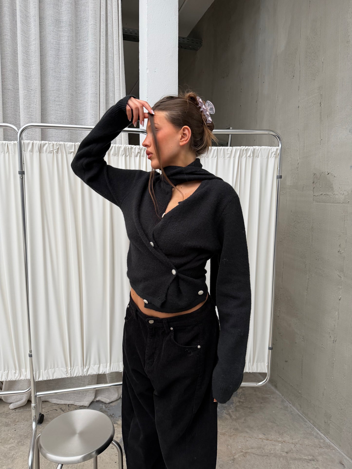 Scarf Detail Side Closure Cardigan Black