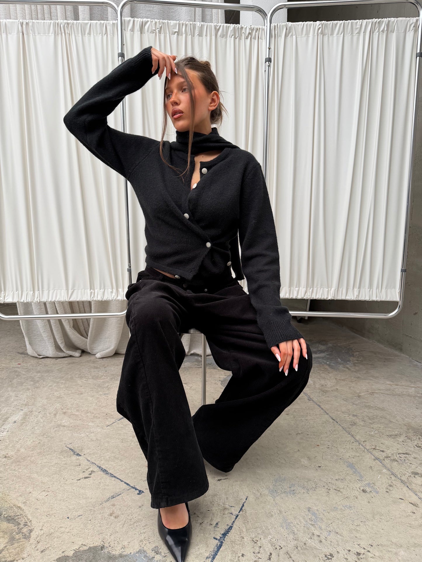 Scarf Detail Side Closure Cardigan Black