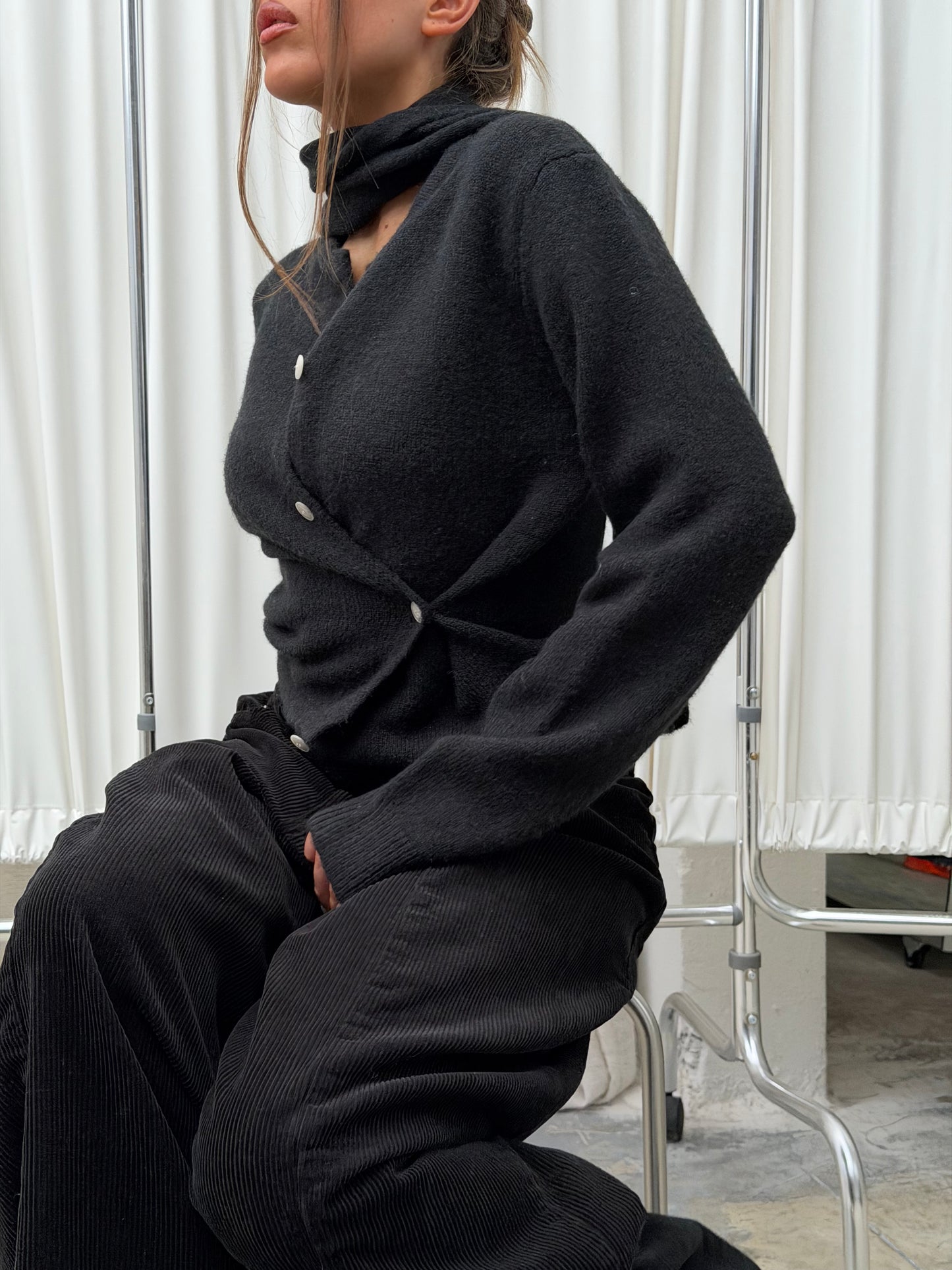 Scarf Detail Side Closure Cardigan Black