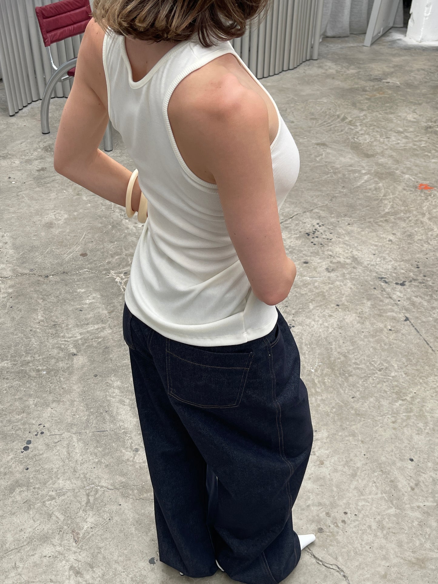 Diagonal Buttoned Ribbed Tank Top Butter Cream