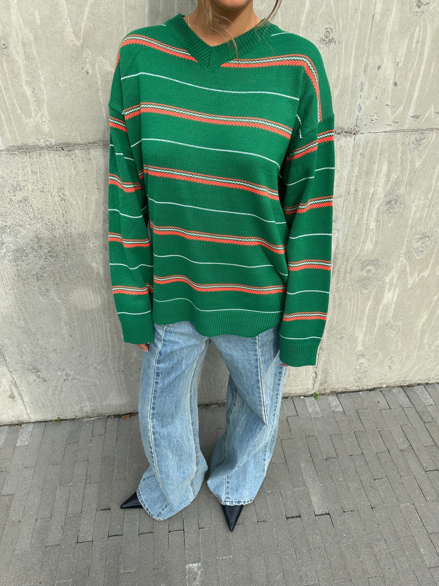 Striped Green Vneck Knit