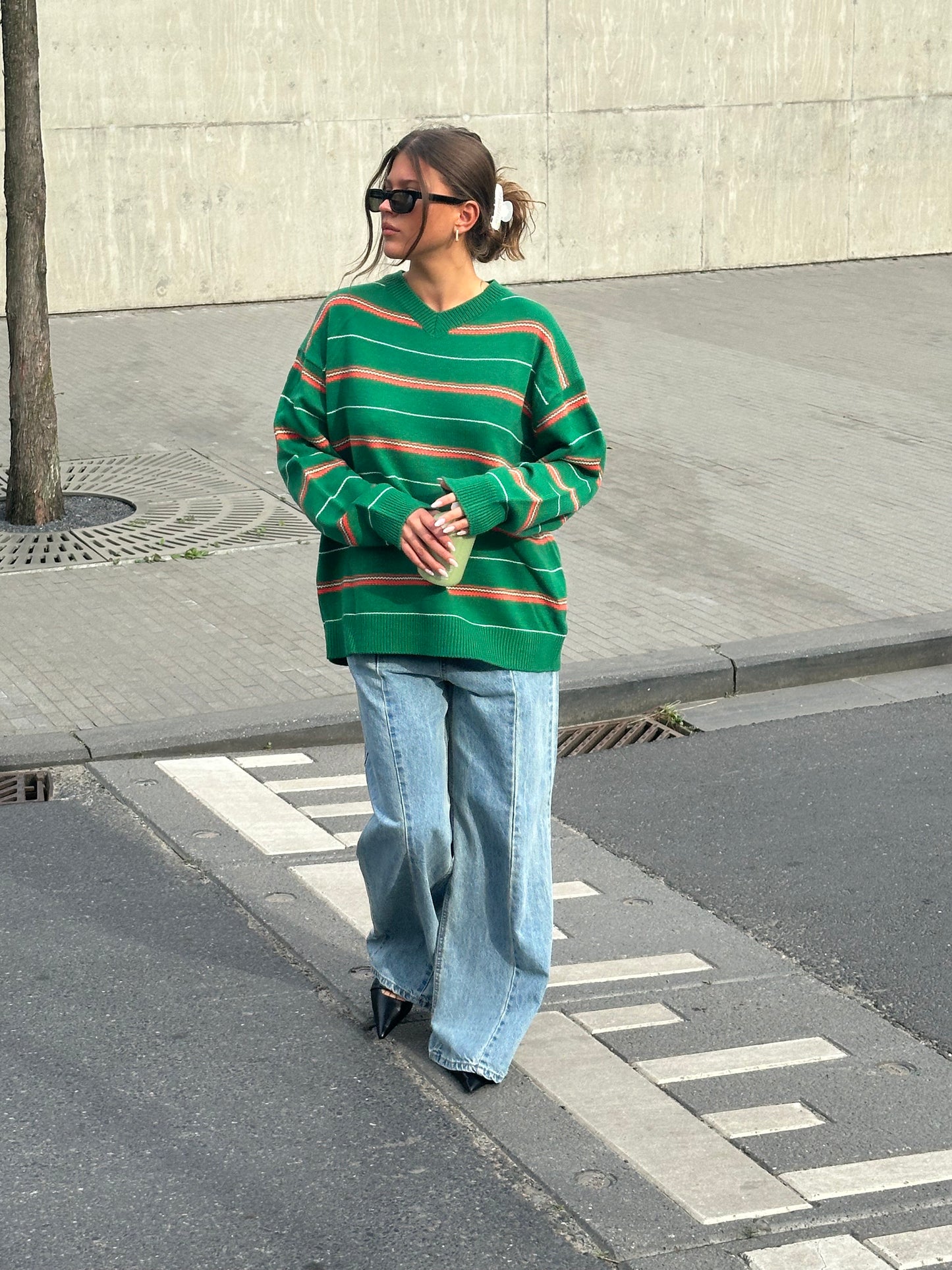 Striped Green Vneck Knit