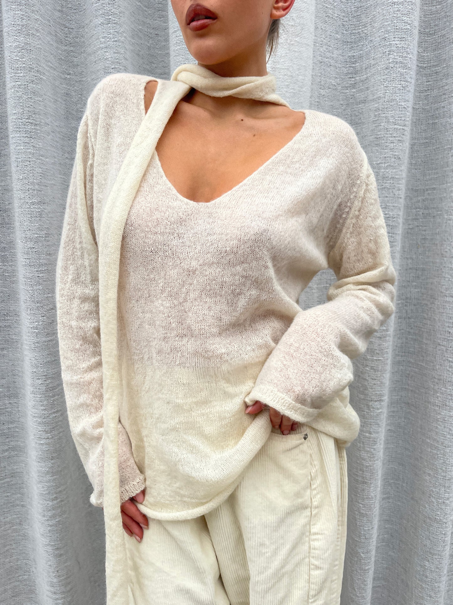 Scarf Detail Loose Knit Cream