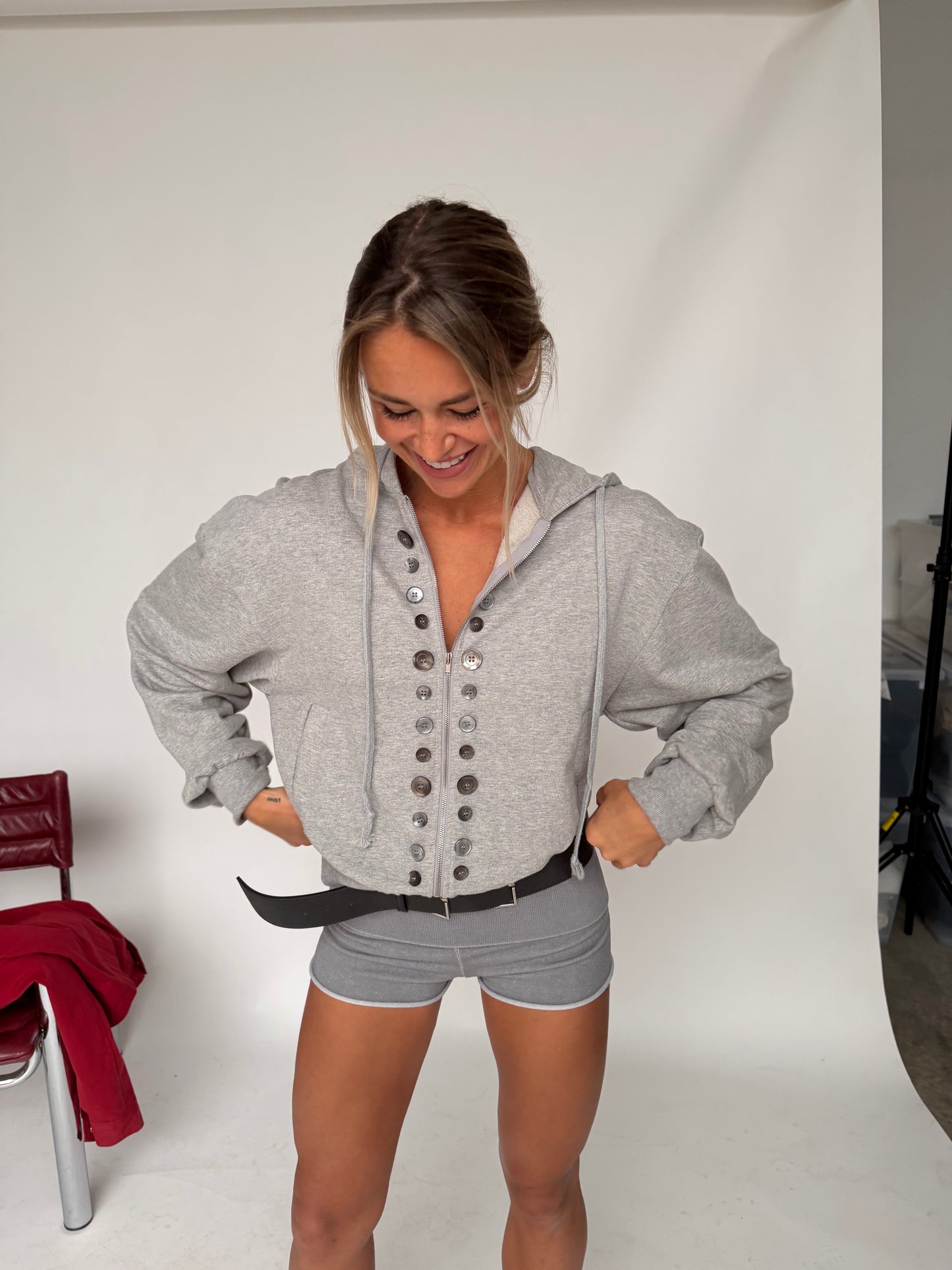 Button Detail Zip-Up Hoodie Light Grey