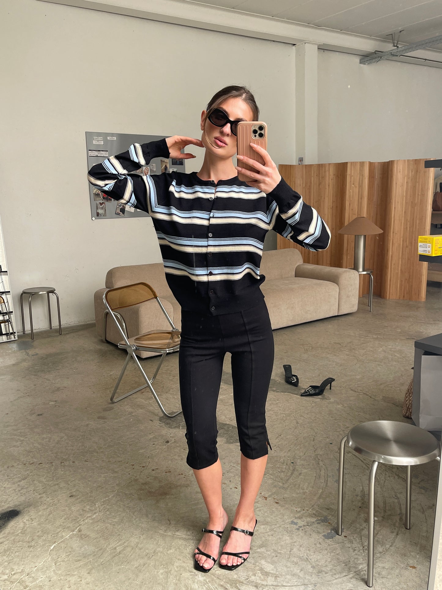 Striped Button Up Cardigan Black