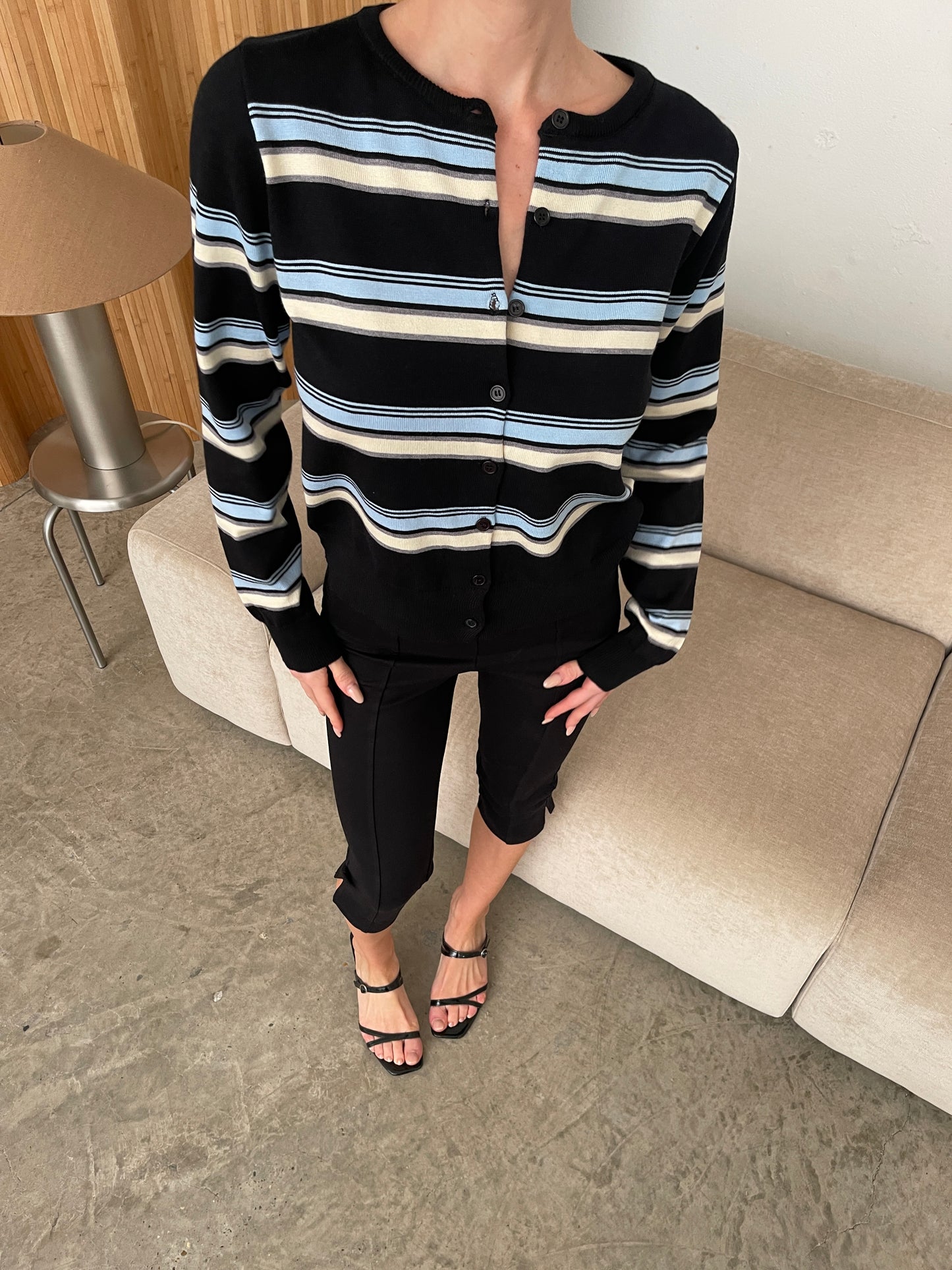 Striped Button Up Cardigan Black