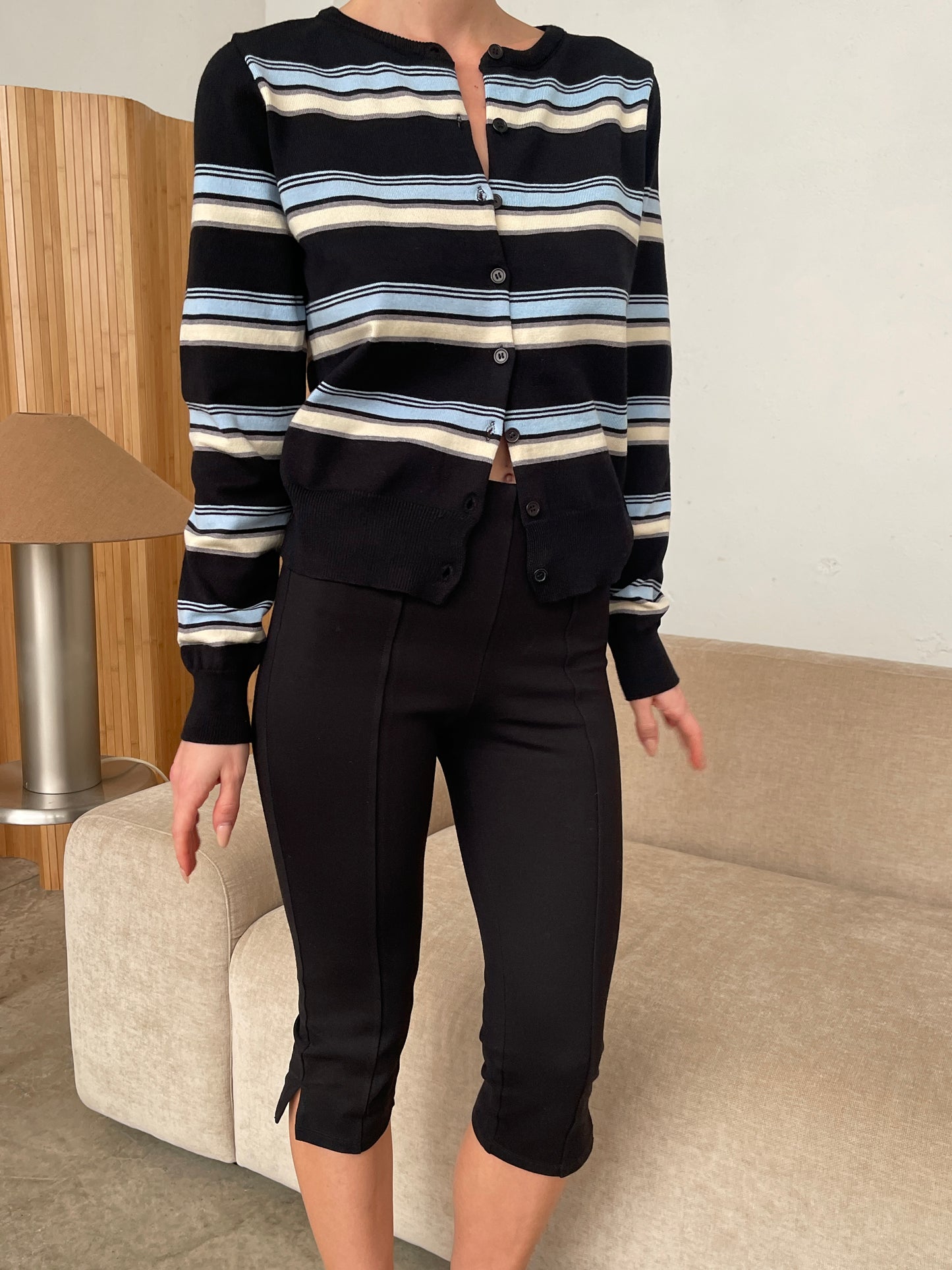 Striped Button Up Cardigan Black