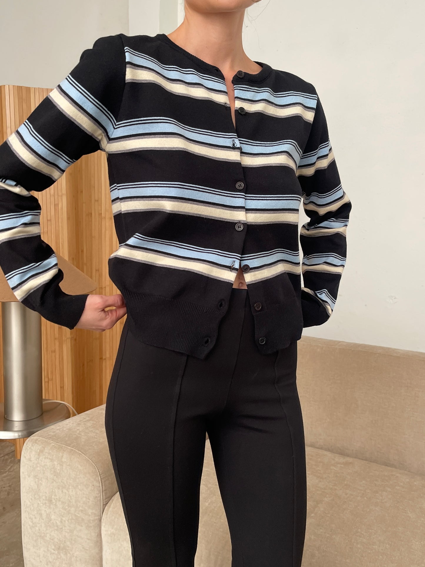 Striped Button Up Cardigan Black