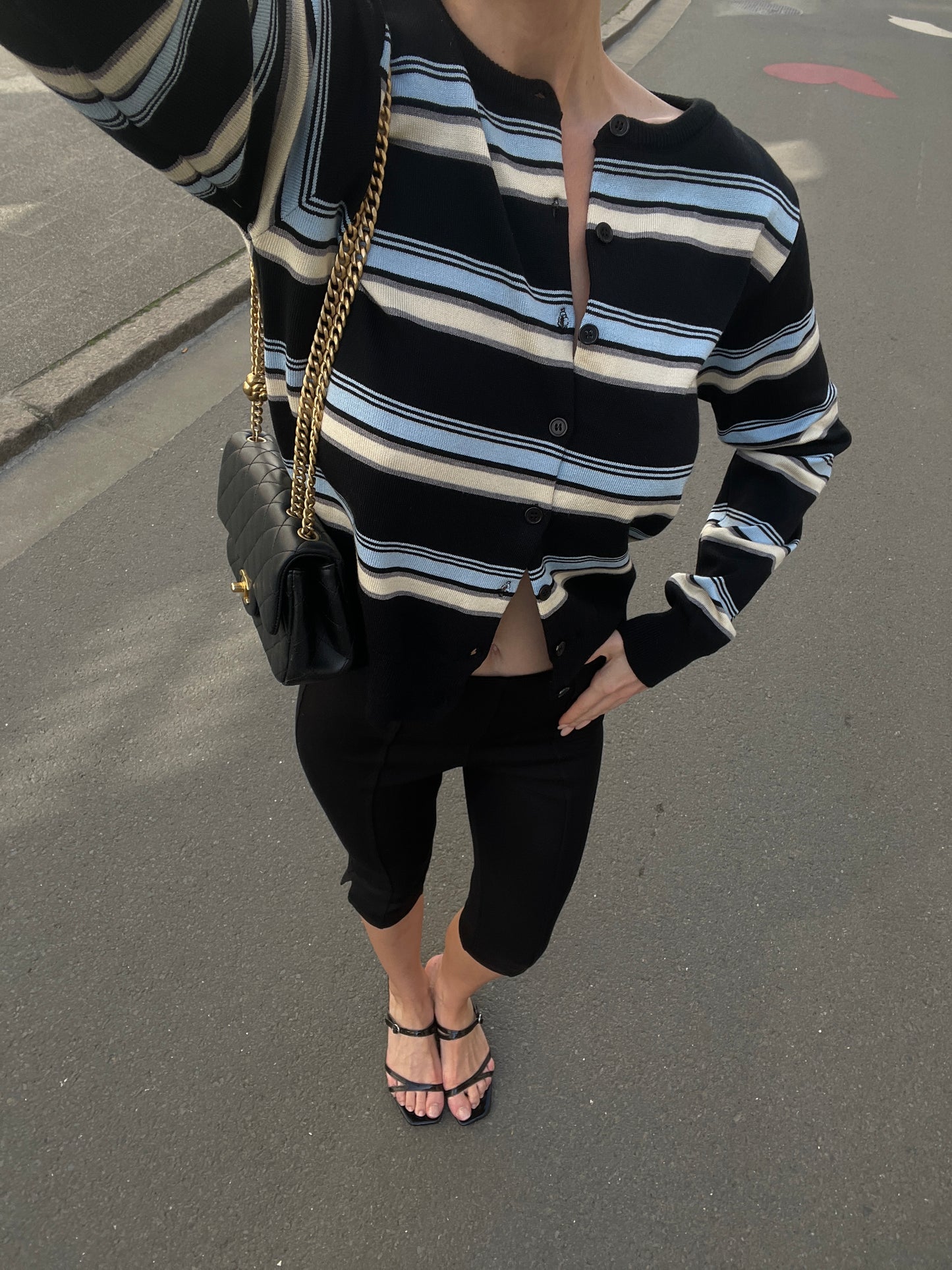 Striped Button Up Cardigan Black