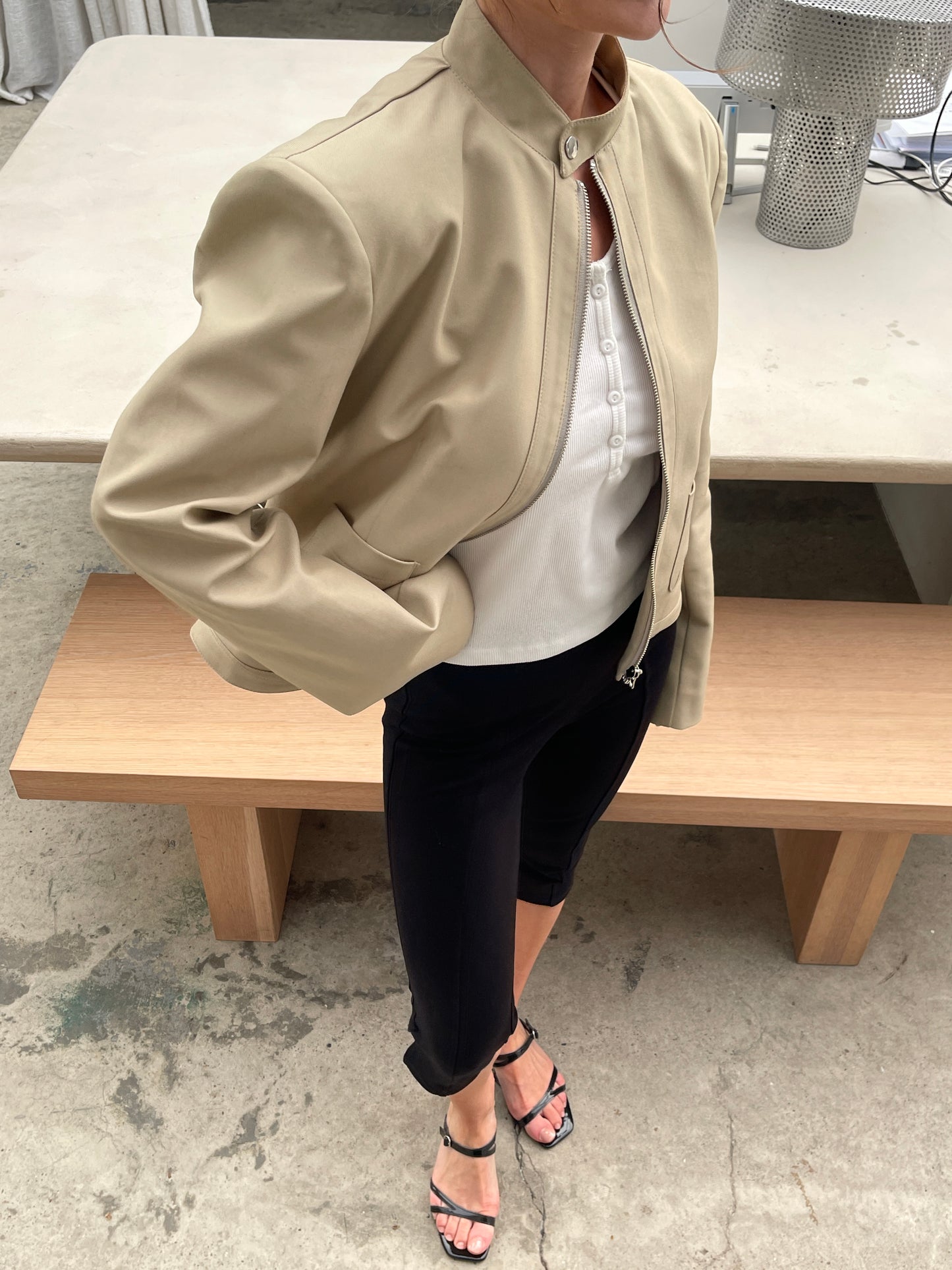 Padded High Neck Strap Detail Jacket Tan
