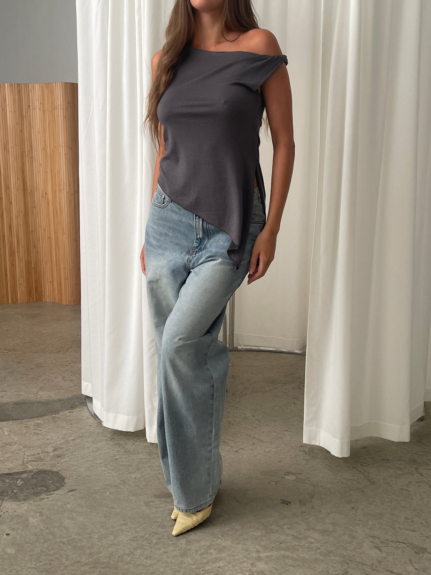 Asymmetric Off Shoulder Top Charcoal