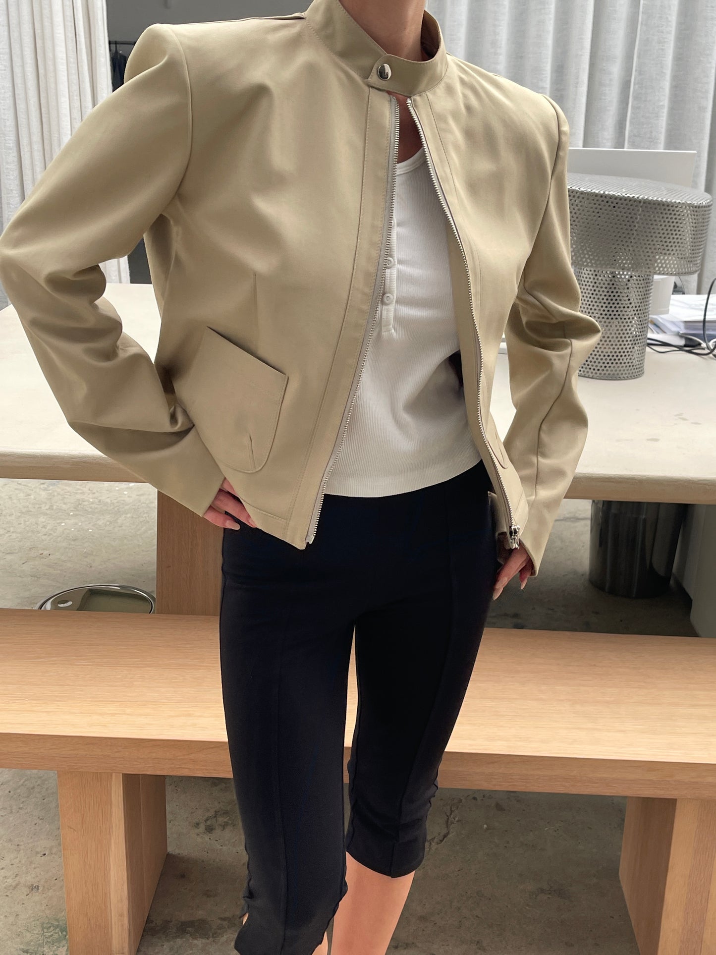 Padded High Neck Strap Detail Jacket Tan