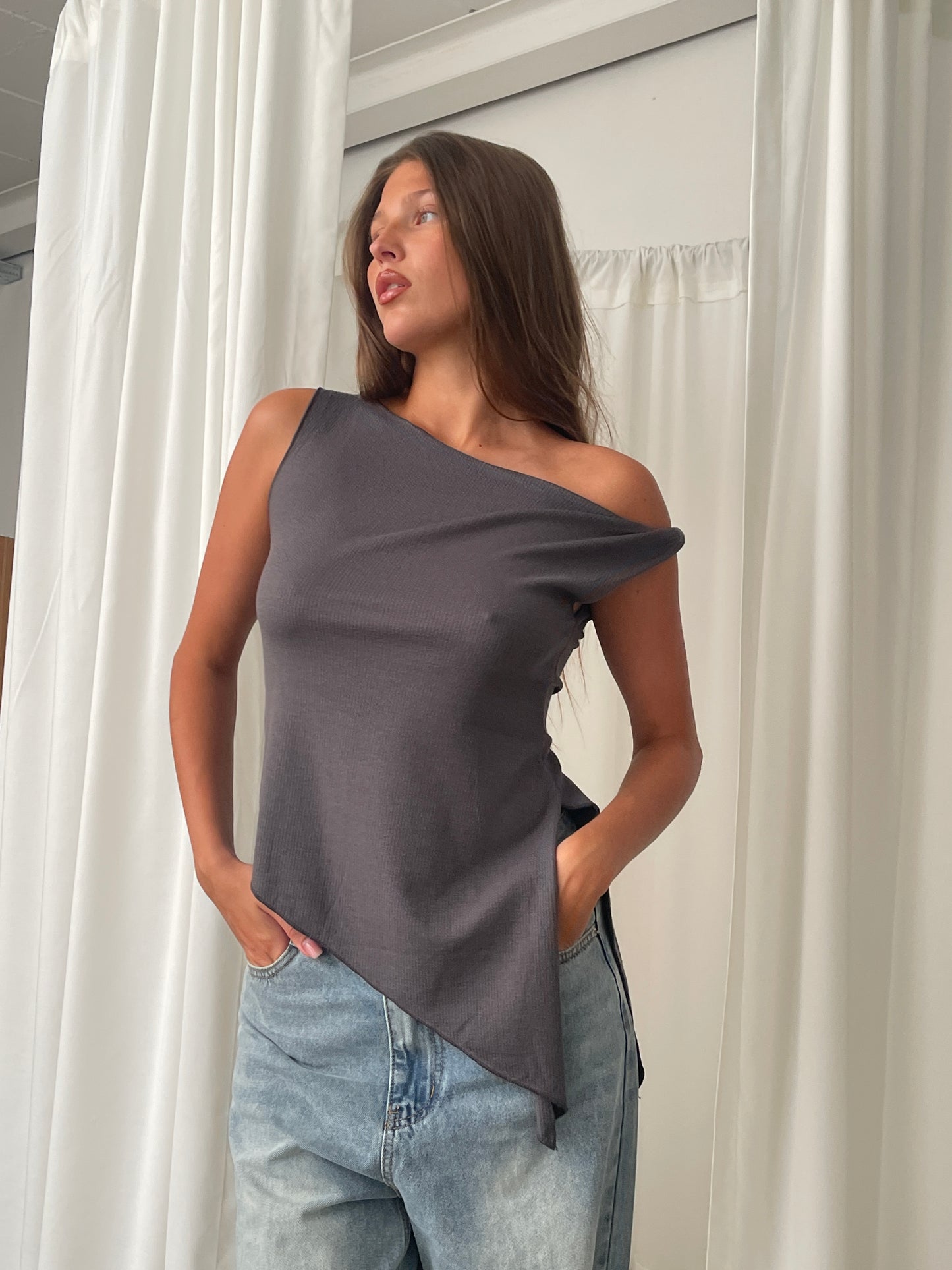 Asymmetric Off Shoulder Top Charcoal