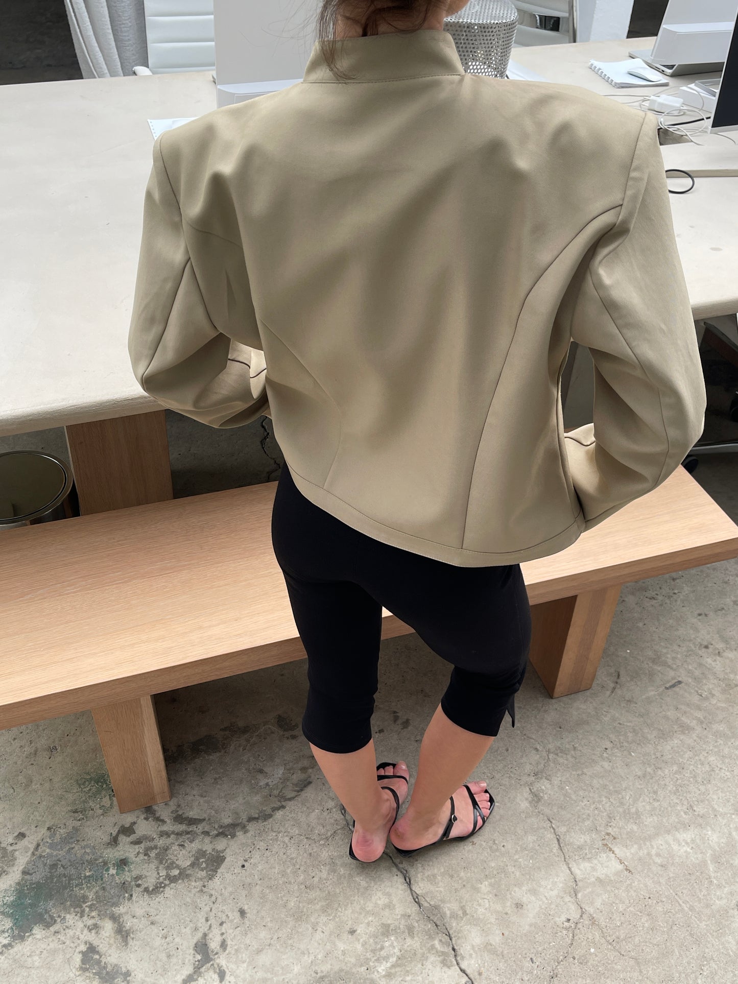 Padded High Neck Strap Detail Jacket Tan