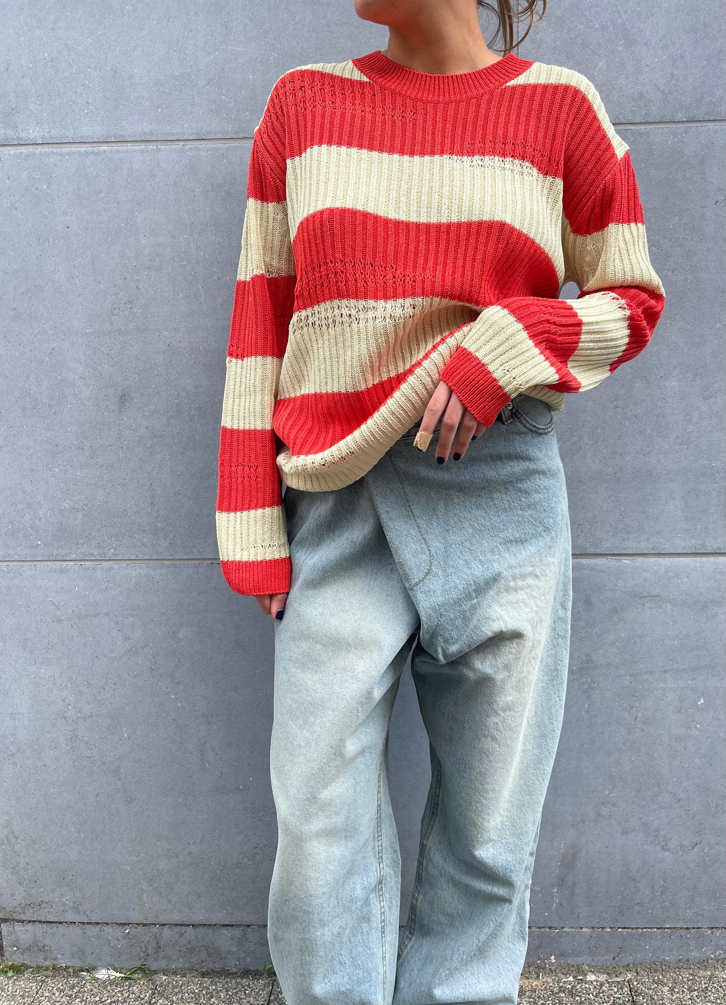 Striped Destructed Knit Red Beige