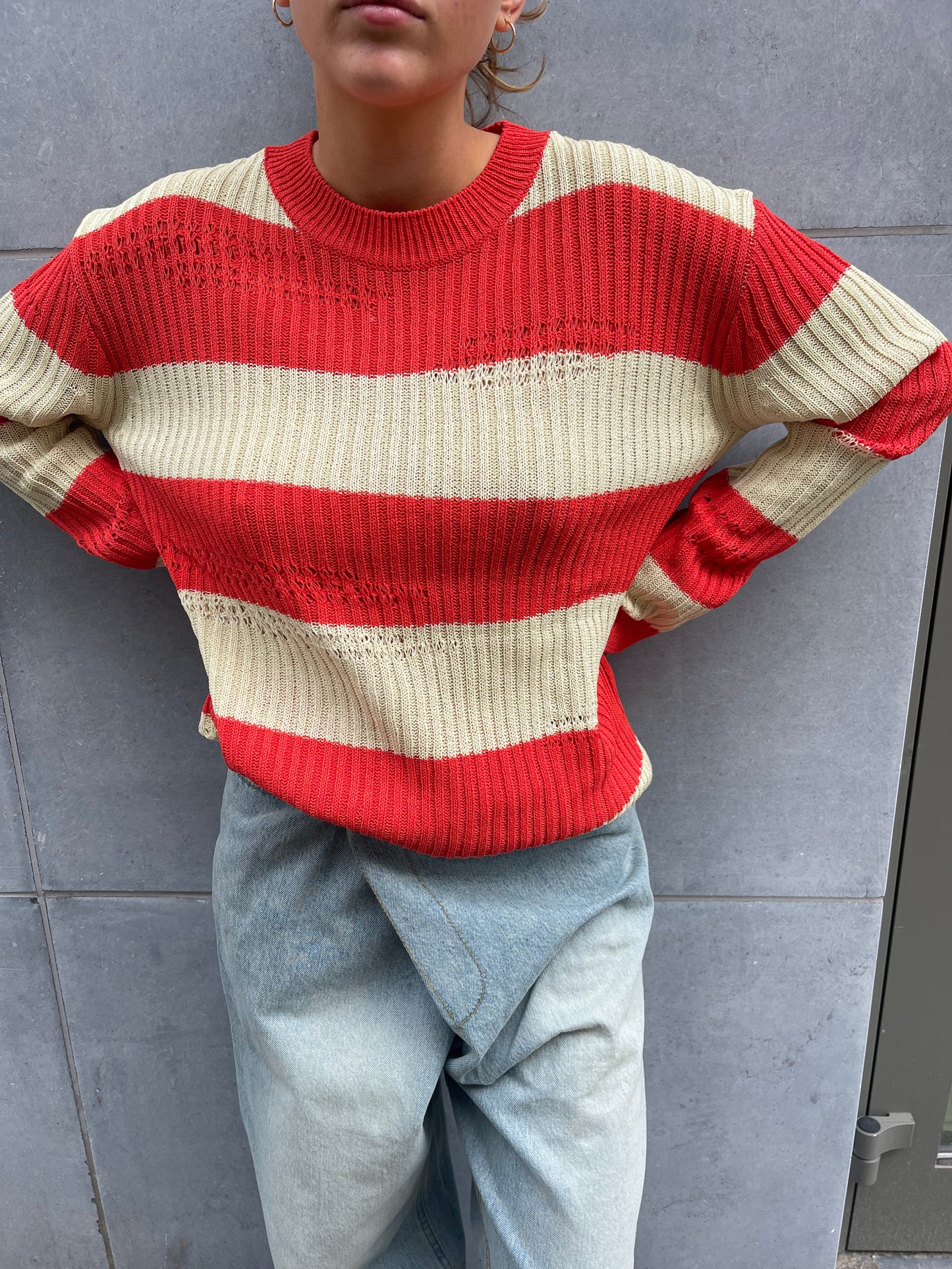 Striped Destructed Knit Red Beige