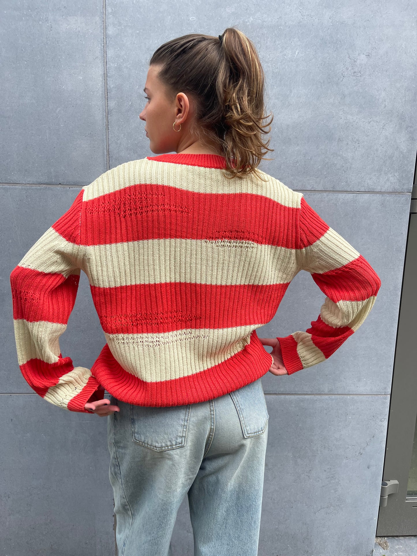 Striped Destructed Knit Red Beige