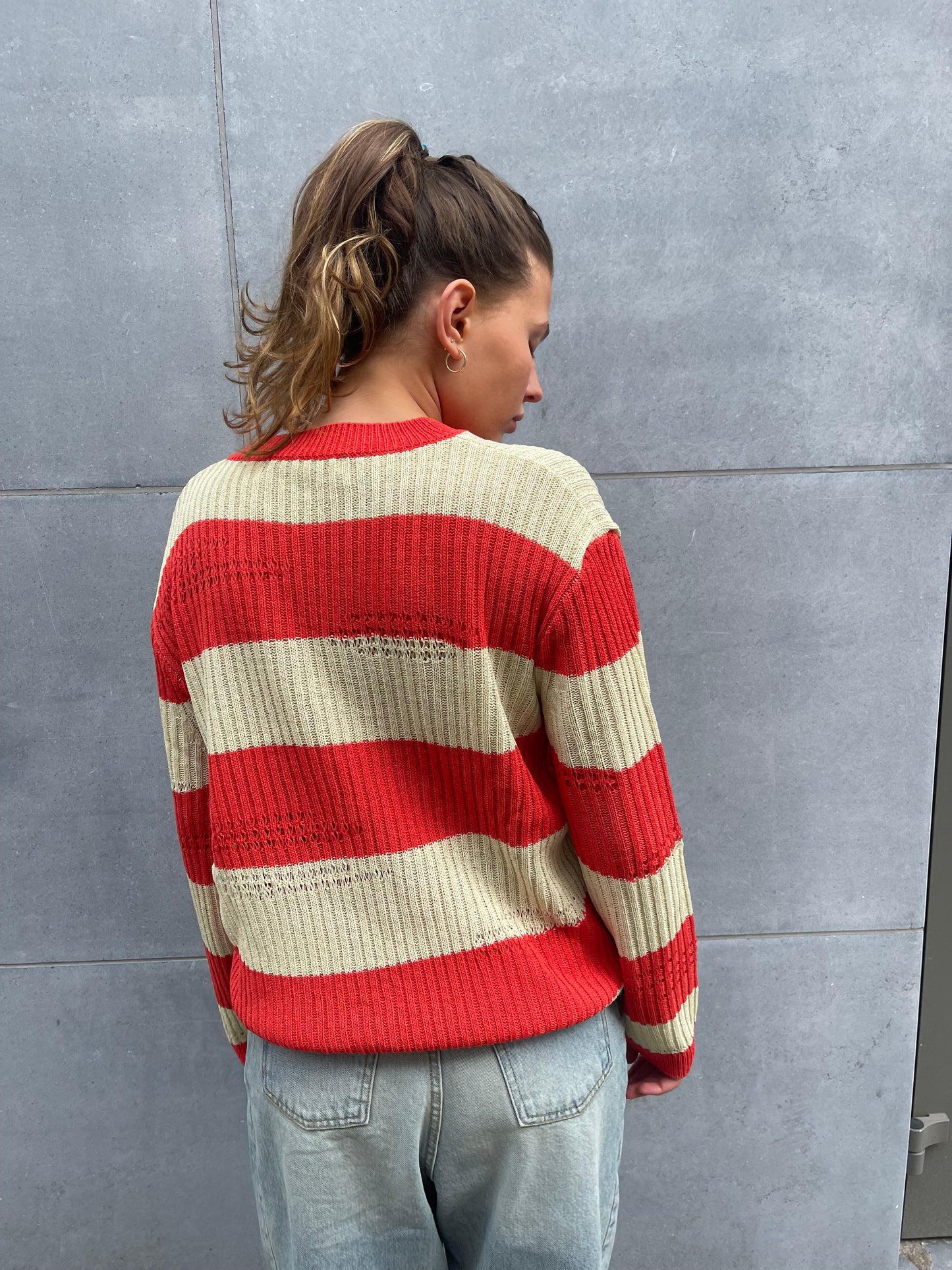 Striped Destructed Knit Red Beige