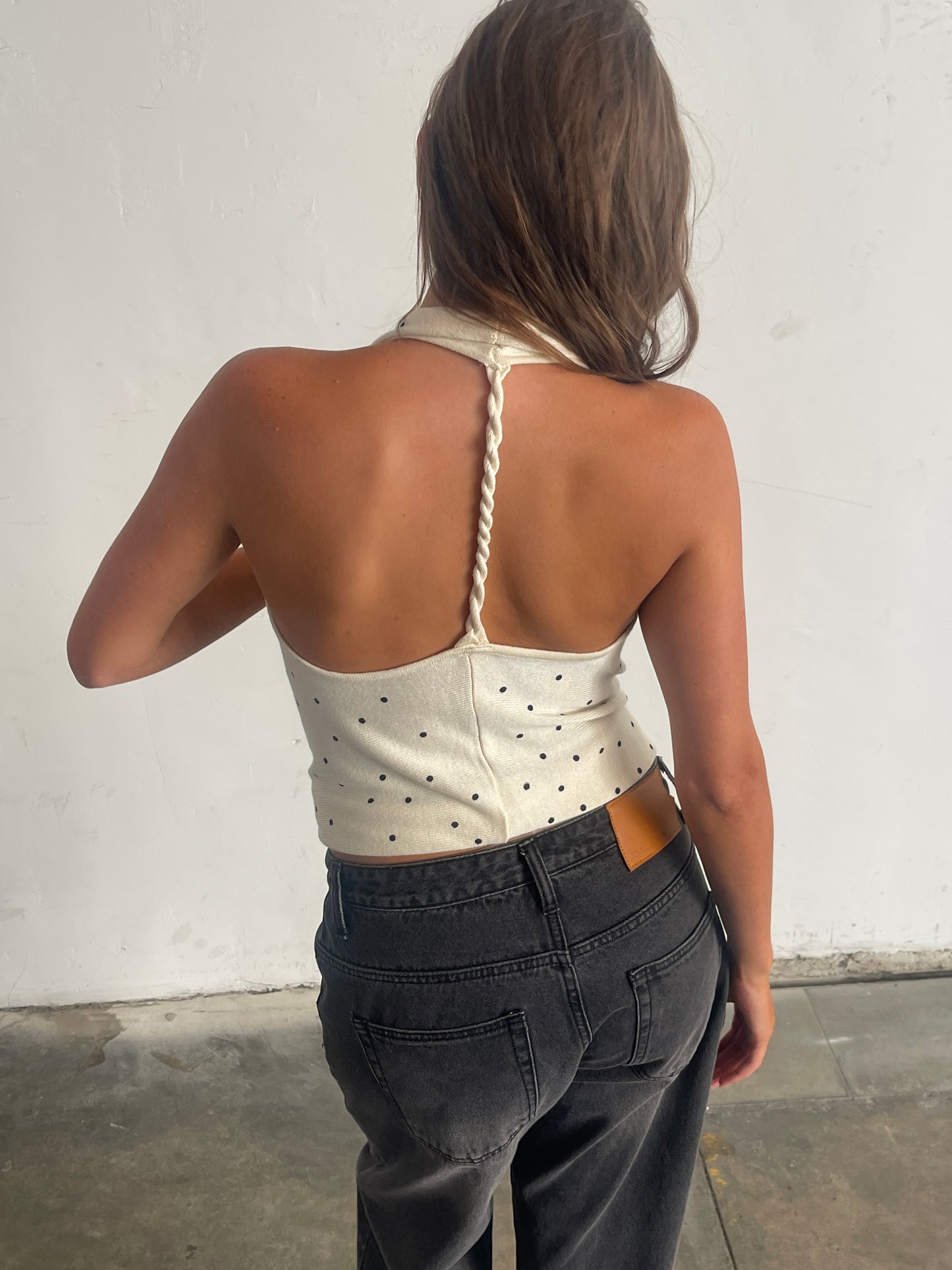 Twisted Back Knitted Halter Top Polka Dot