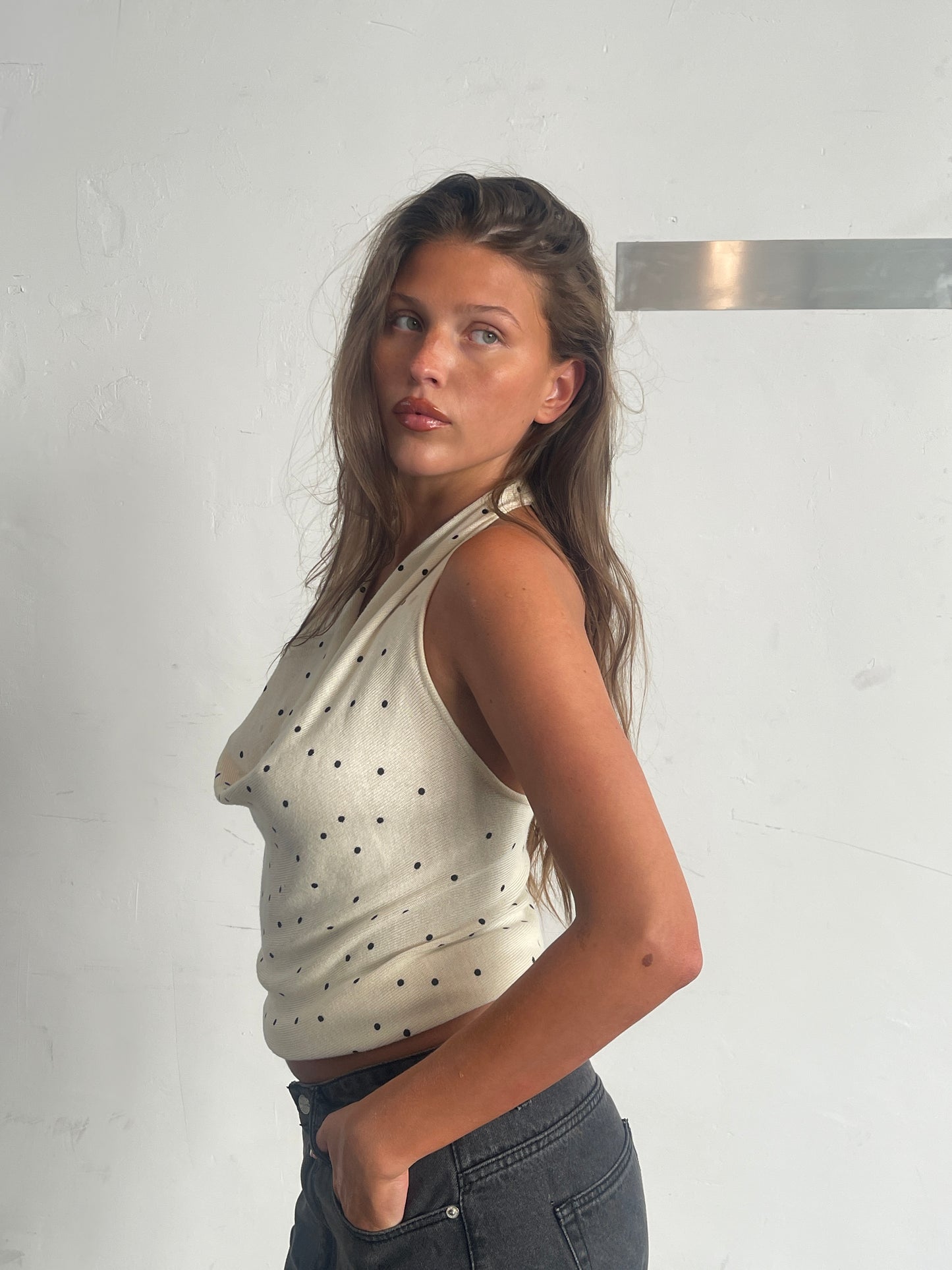 Twisted Back Knitted Halter Top Polka Dot