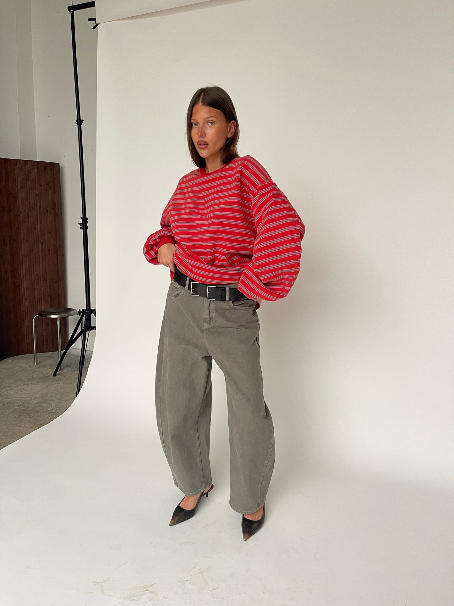 Oversized Striped Fleece Sweater Bright Red