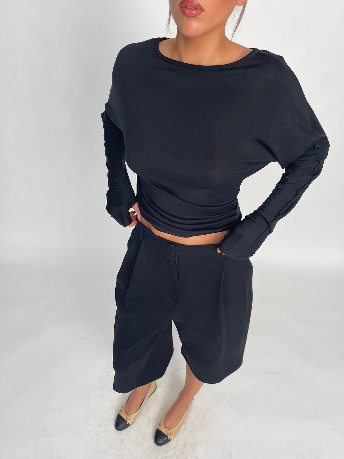 Soft Draped Off Shoulder Long Sleeve Top Black