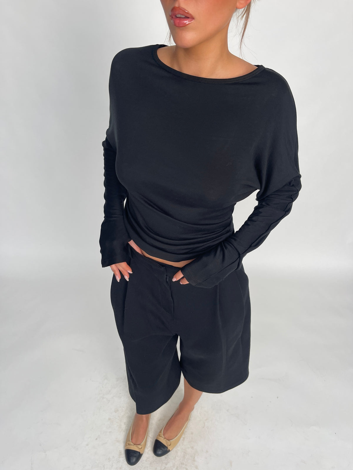 Soft Draped Off Shoulder Long Sleeve Top Black