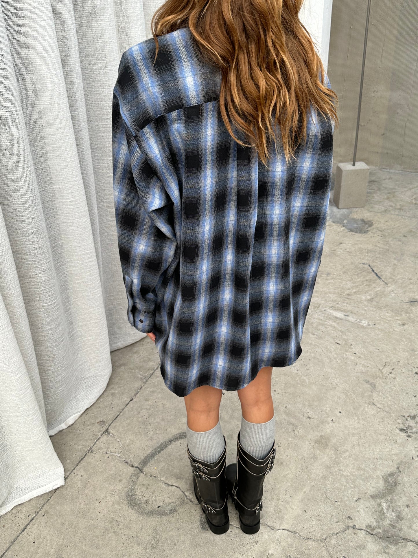 Oversized Plaid Flannel Shirt Blue