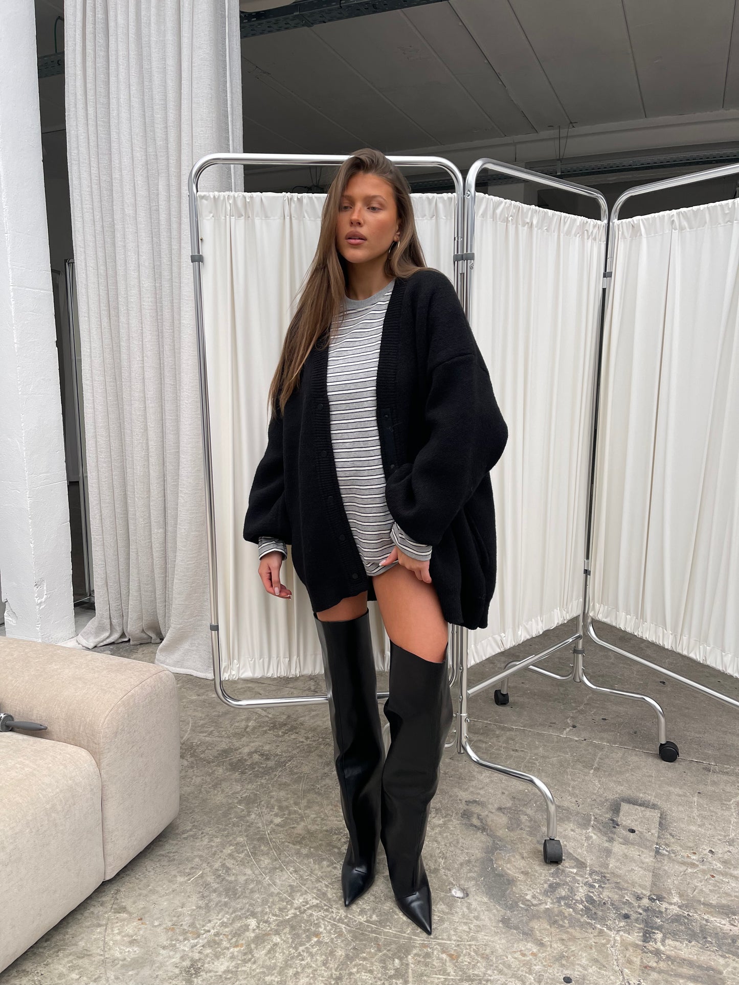 Striped Double Sleeve Tee Grey