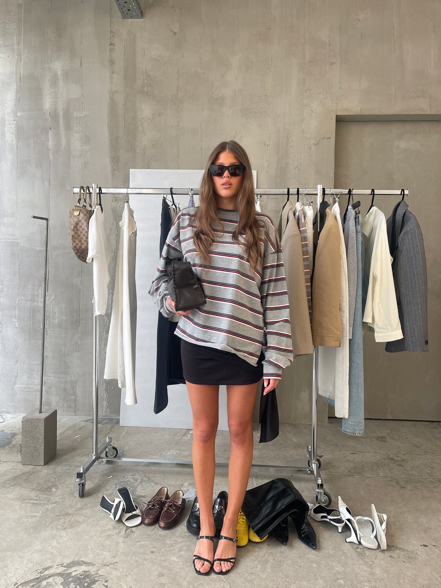 Oversized Striped Longsleeve Tee Heather Grey