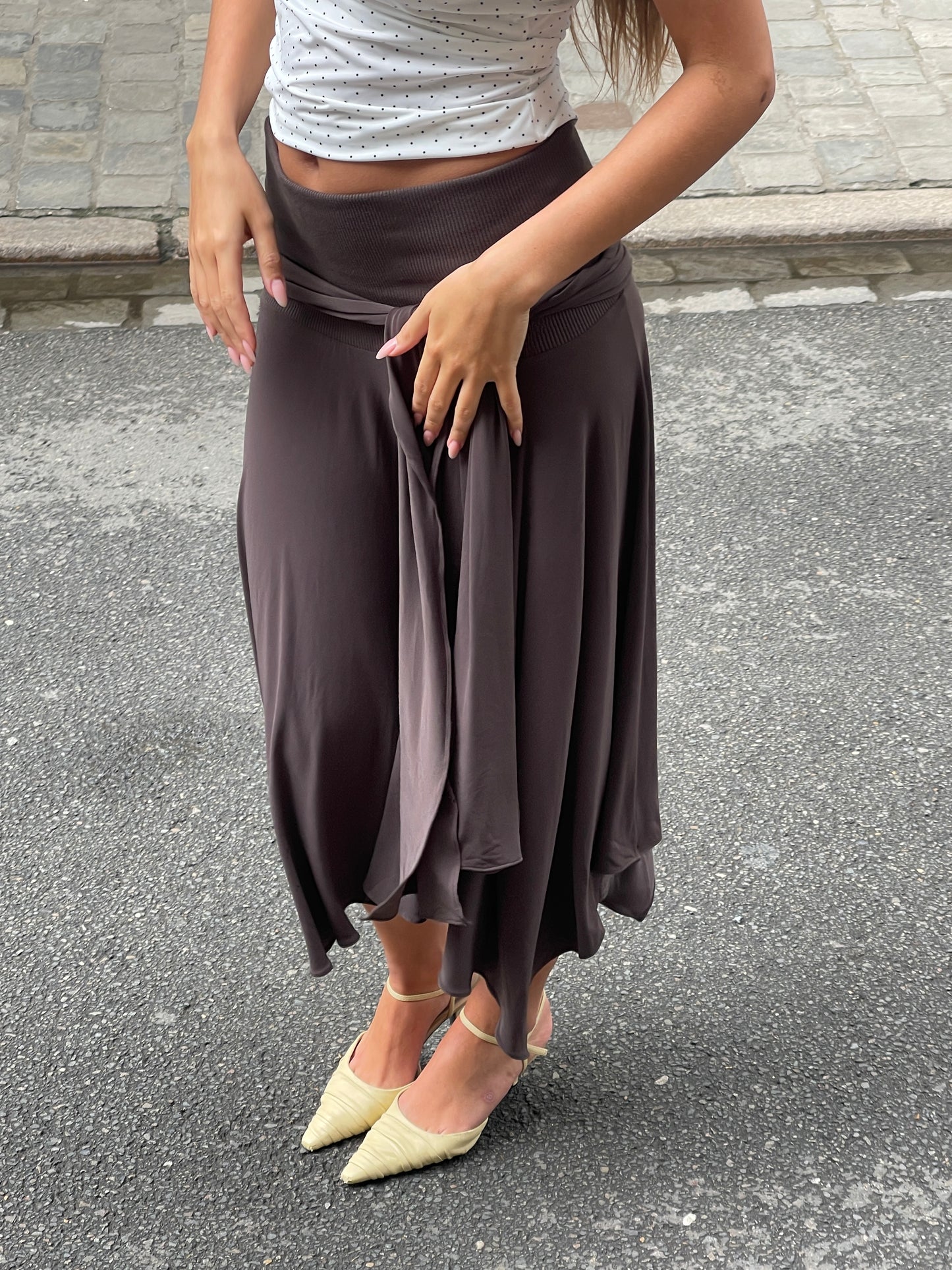Belted Detail Flowy Midi Skirt Brown