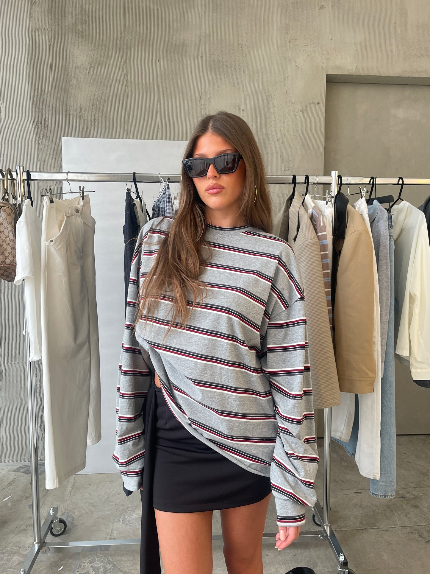 Oversized Striped Longsleeve Tee Heather Grey