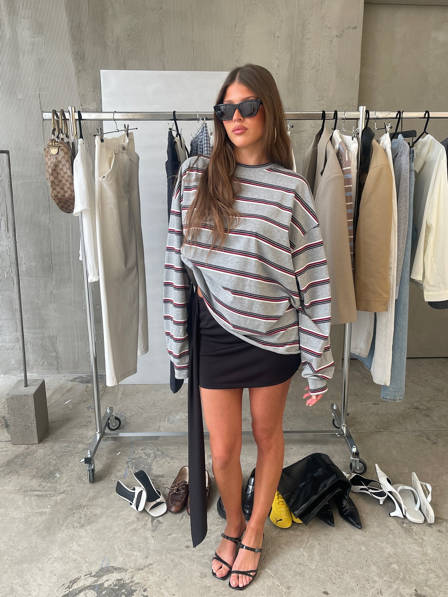 Oversized Striped Longsleeve Tee Heather Grey