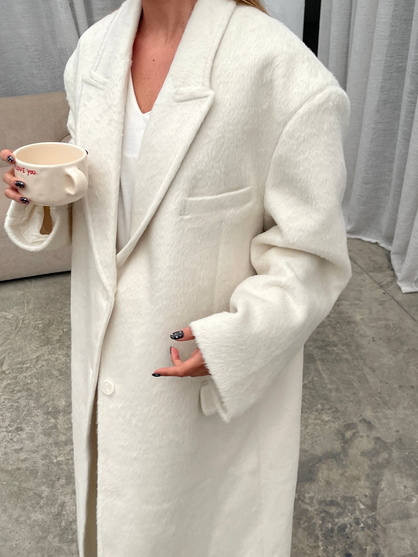 Oversized Brushed Wool Maxi Coat Off White
