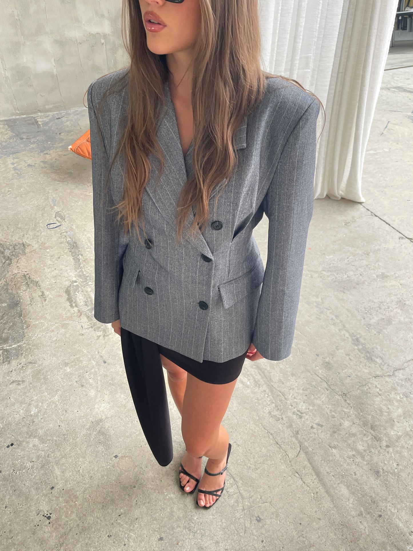 Pinstriped Cinched Blazer Grey Melange