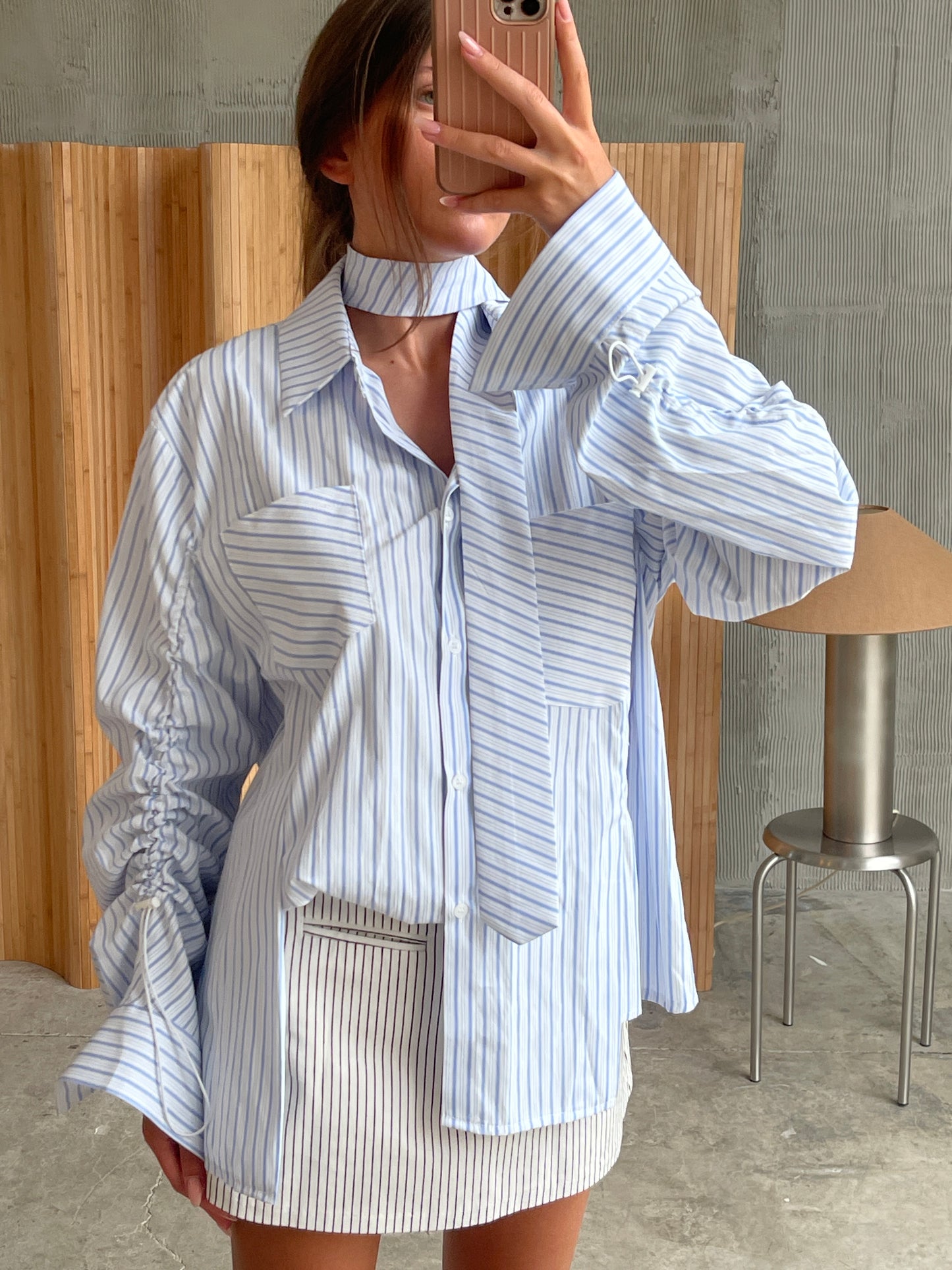 Oversized Striped Drawstring Shirt With Tie