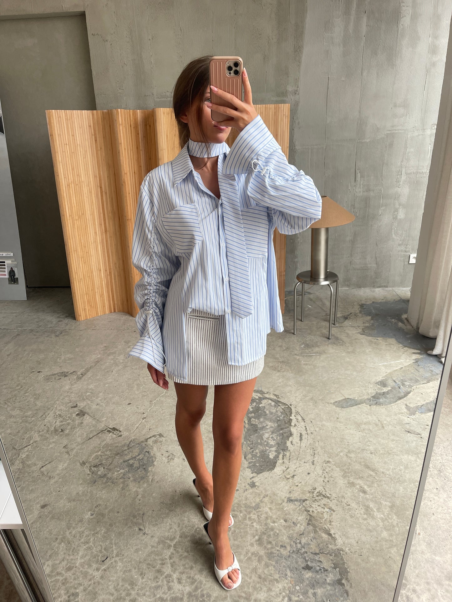 Oversized Striped Drawstring Shirt With Tie