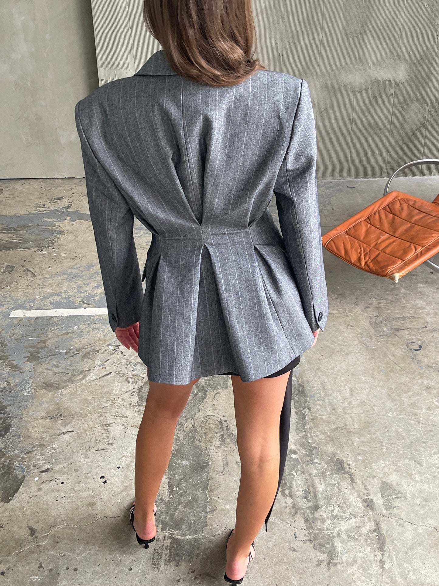 Pinstriped Cinched Blazer Grey Melange
