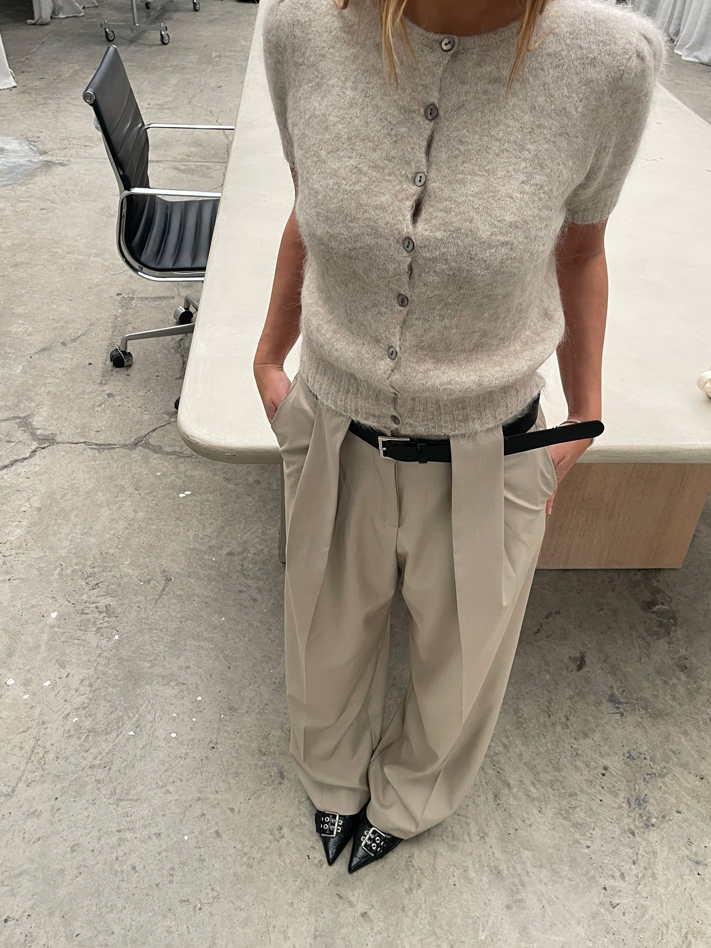 Front Pleated Belted Pants Sand
