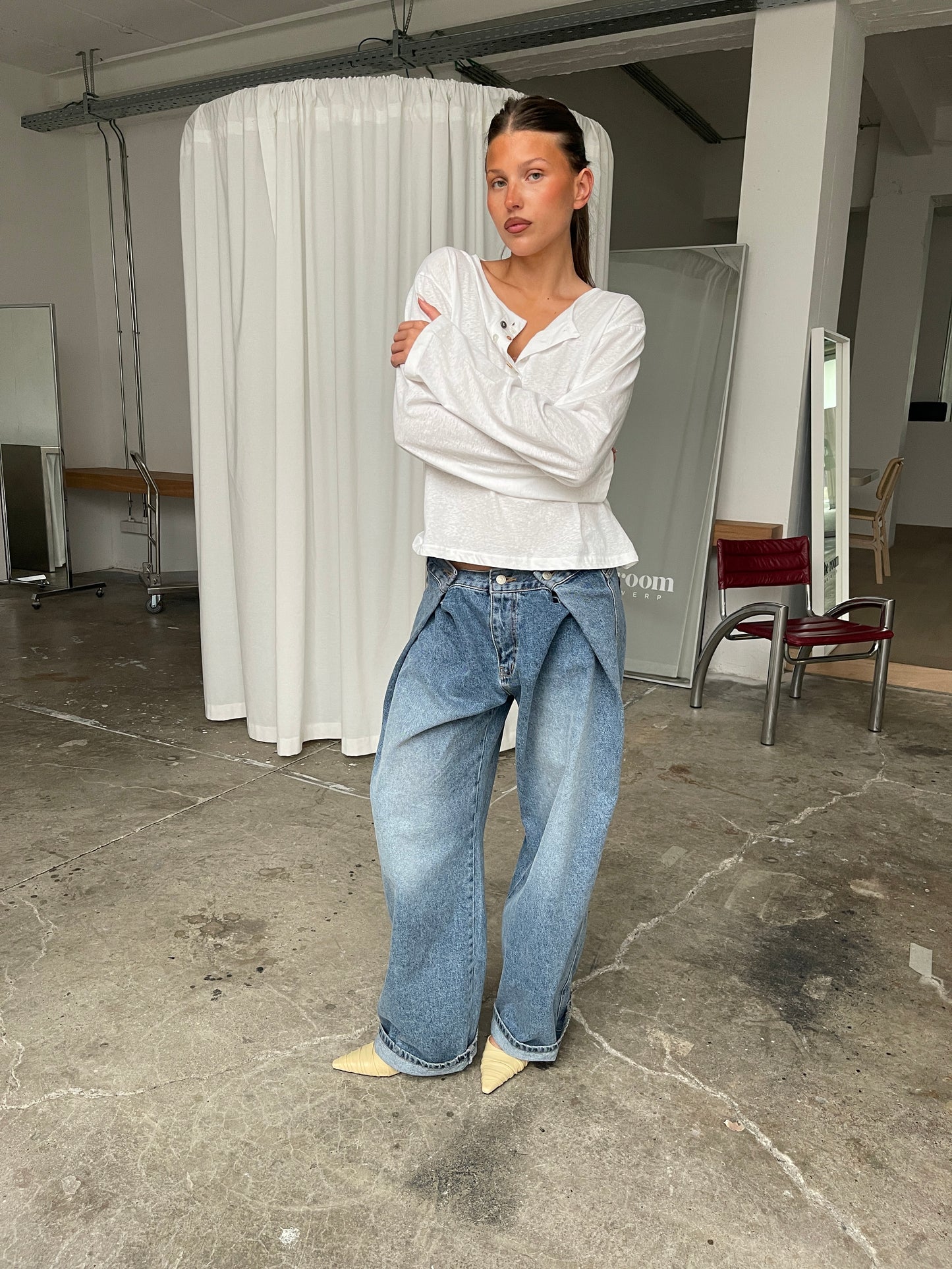 Folded Buttoned Baggy Jeans Blue
