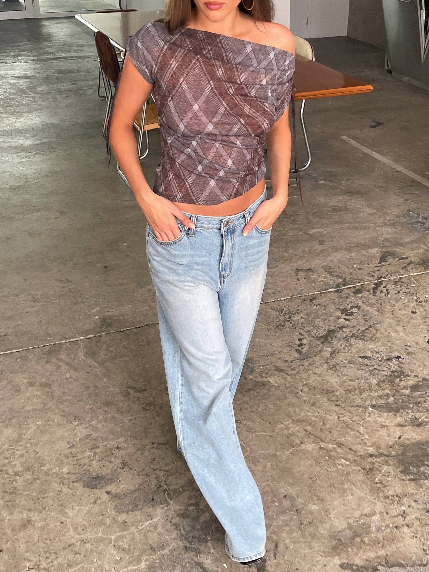 Draped Over Shoulder Checked Top Burgundy