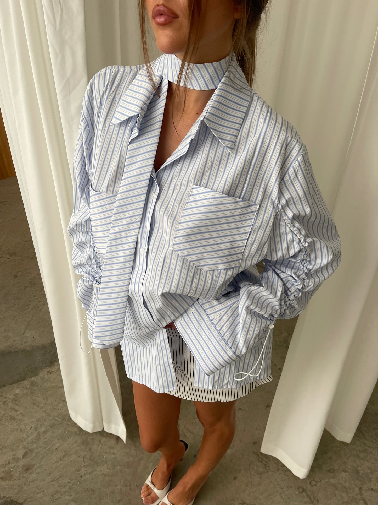 Oversized Striped Drawstring Shirt With Tie
