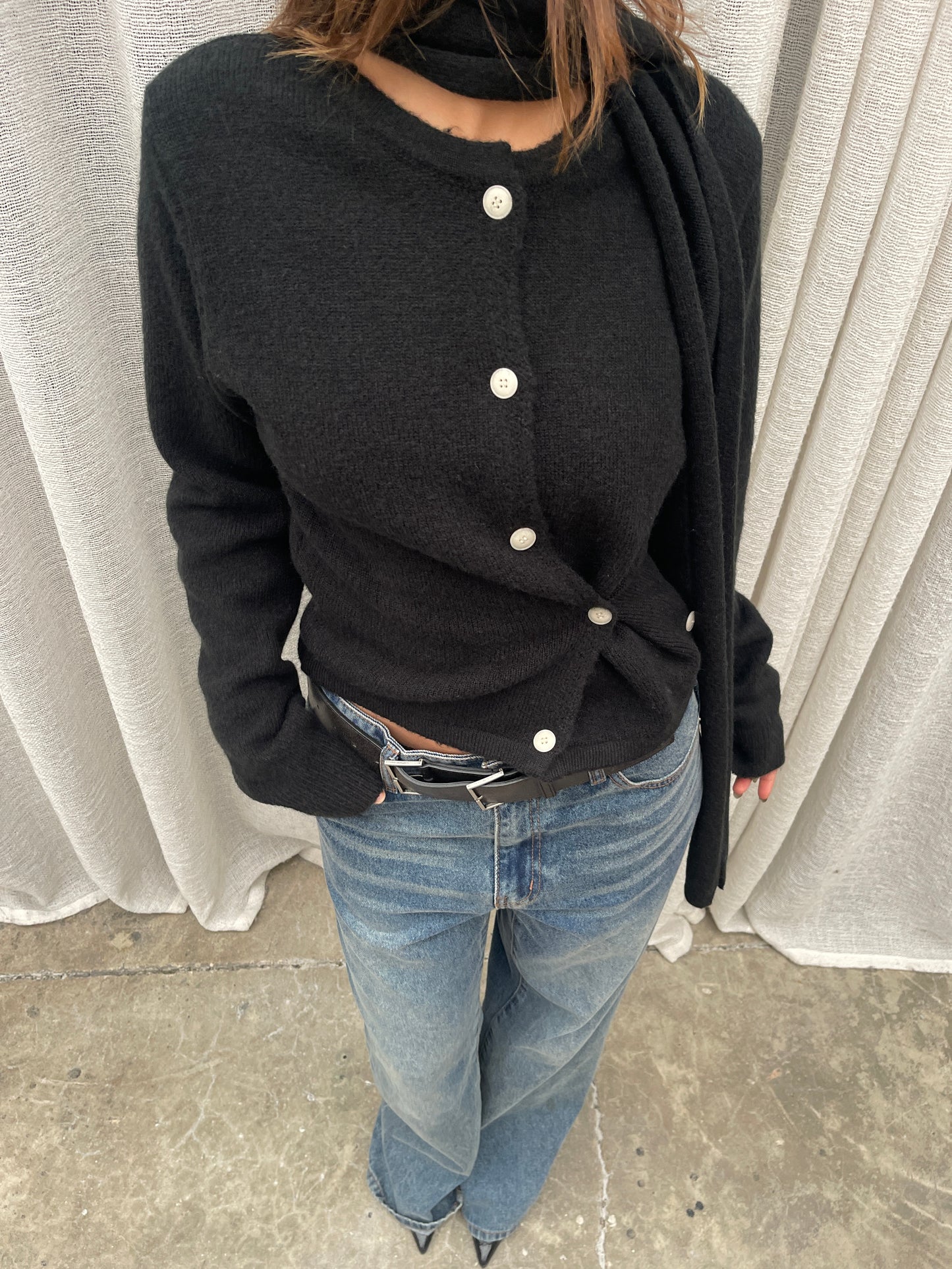 Scarf Detail Side Closure Cardigan Black