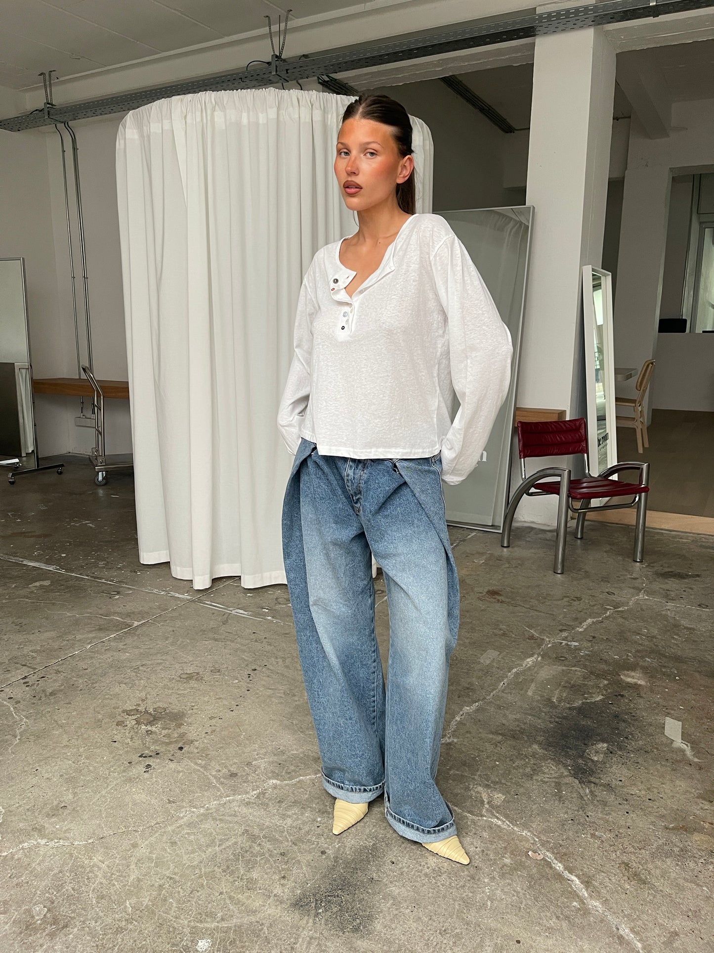 Folded Buttoned Baggy Jeans Blue
