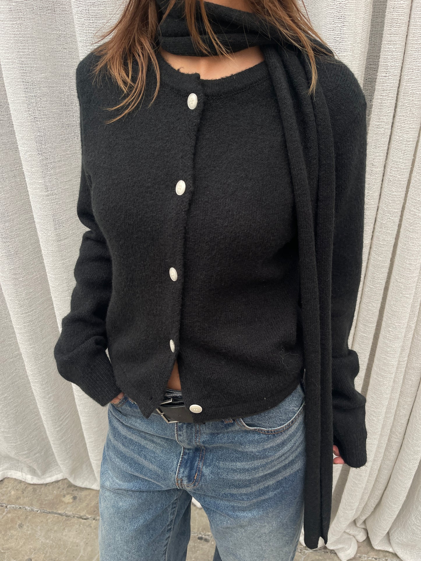 Scarf Detail Side Closure Cardigan Black