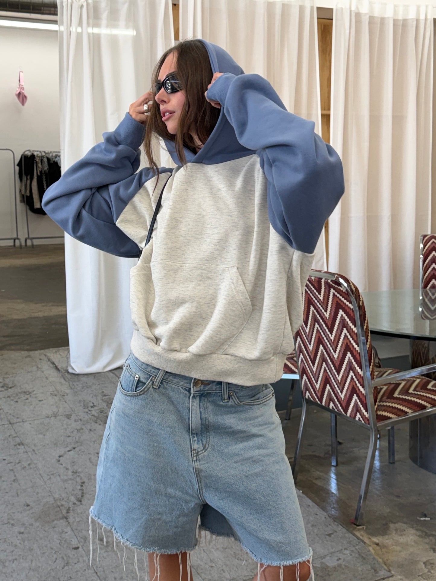 Contrast Colour Baseball Hoodie Sky Blue