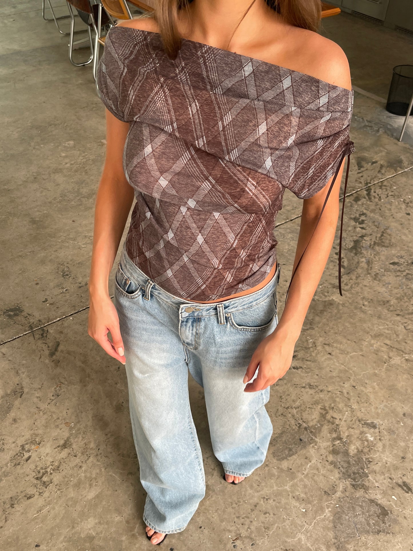 Draped Over Shoulder Checked Top Burgundy