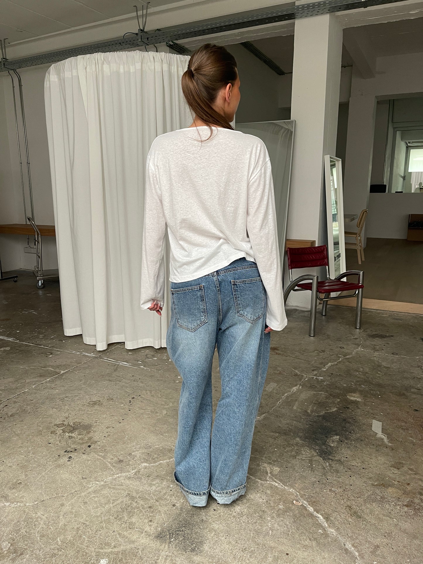 Folded Buttoned Baggy Jeans Blue