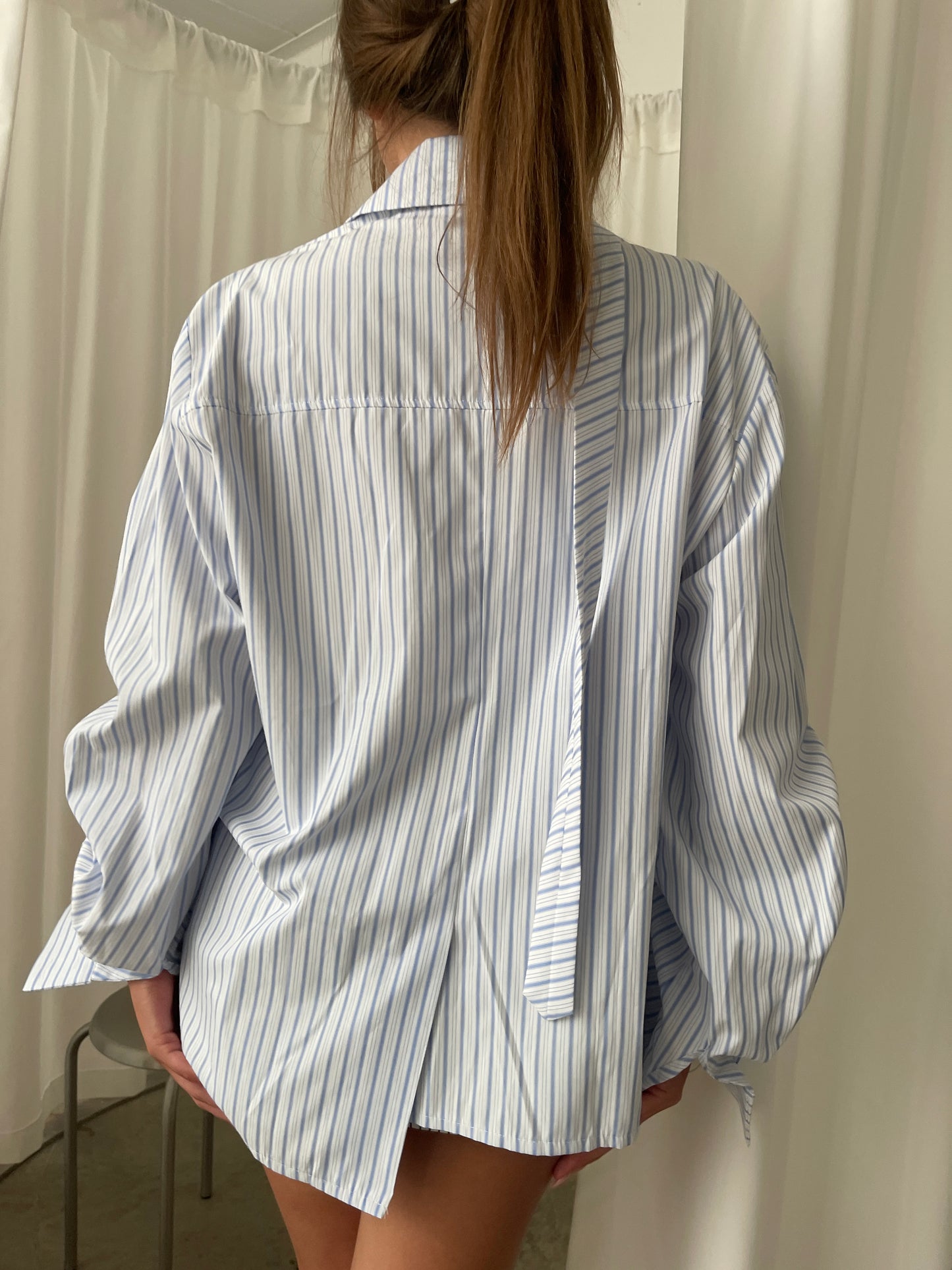 Oversized Striped Drawstring Shirt With Tie